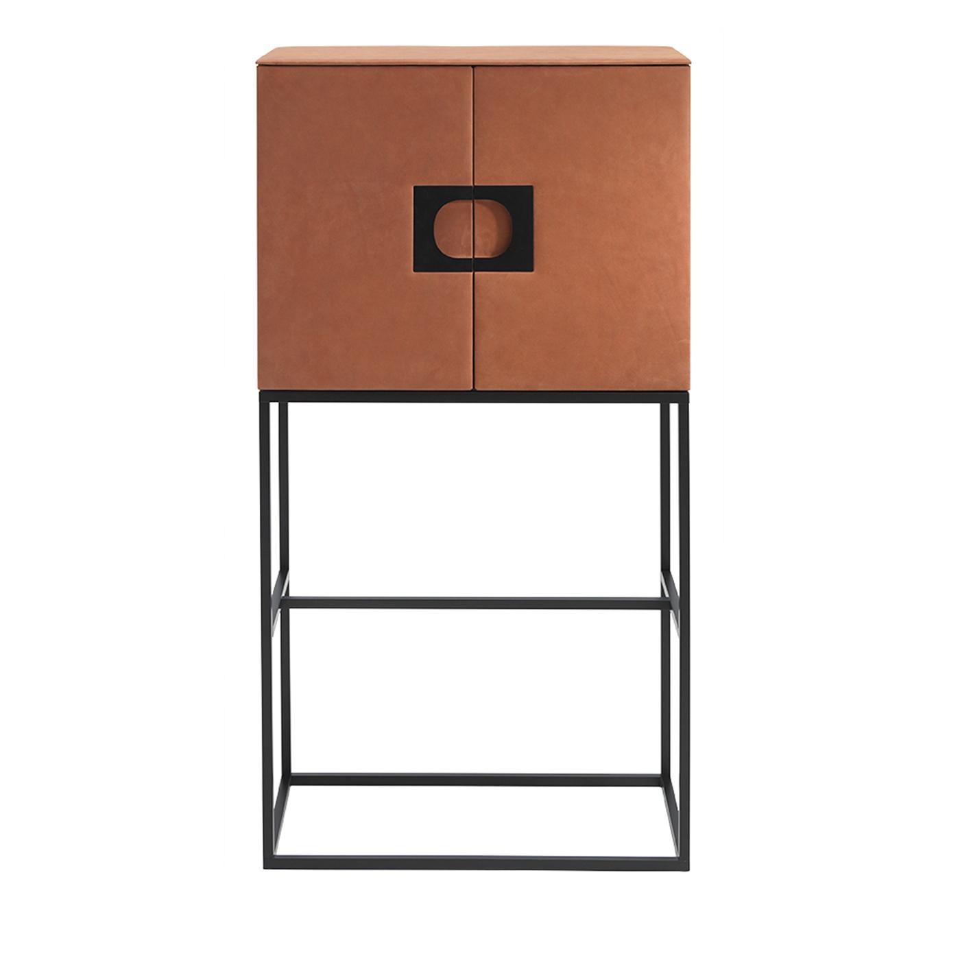 Moustique bar cabinet by Daytona, a valuable and luxury piece, with matte black finish steel base, plywood frame and doors covered in leather. The interior is lacquered opaque smoke with wooden and led shelves. Steel logo handle. Structure and doors
