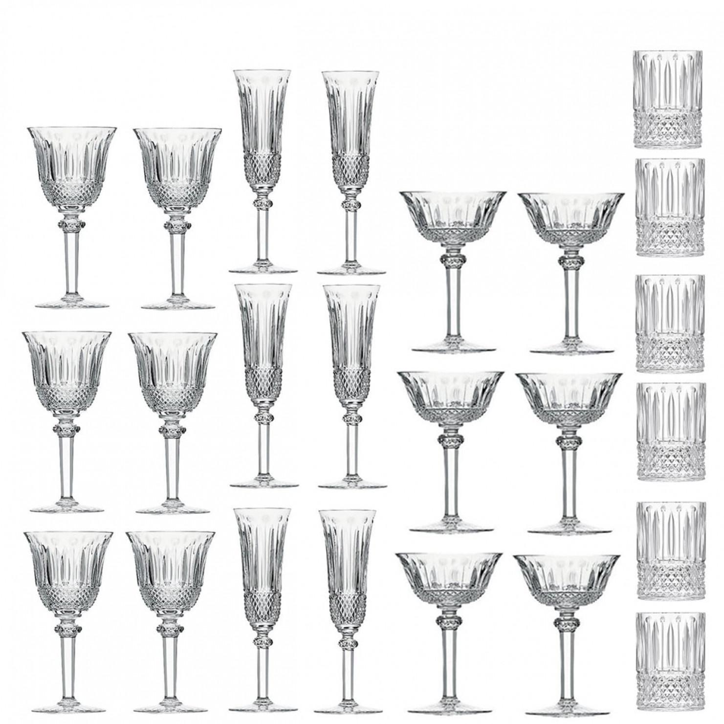 Rara e importante serie di bicchieri in cristallo incolore con base a forma di stella e tagli decorativi a diamante, smusso, perla e bordo.

La cristalleria Tommy è una delle collezioni più intramontabili di Saint Louis sin dalla sua creazione nel