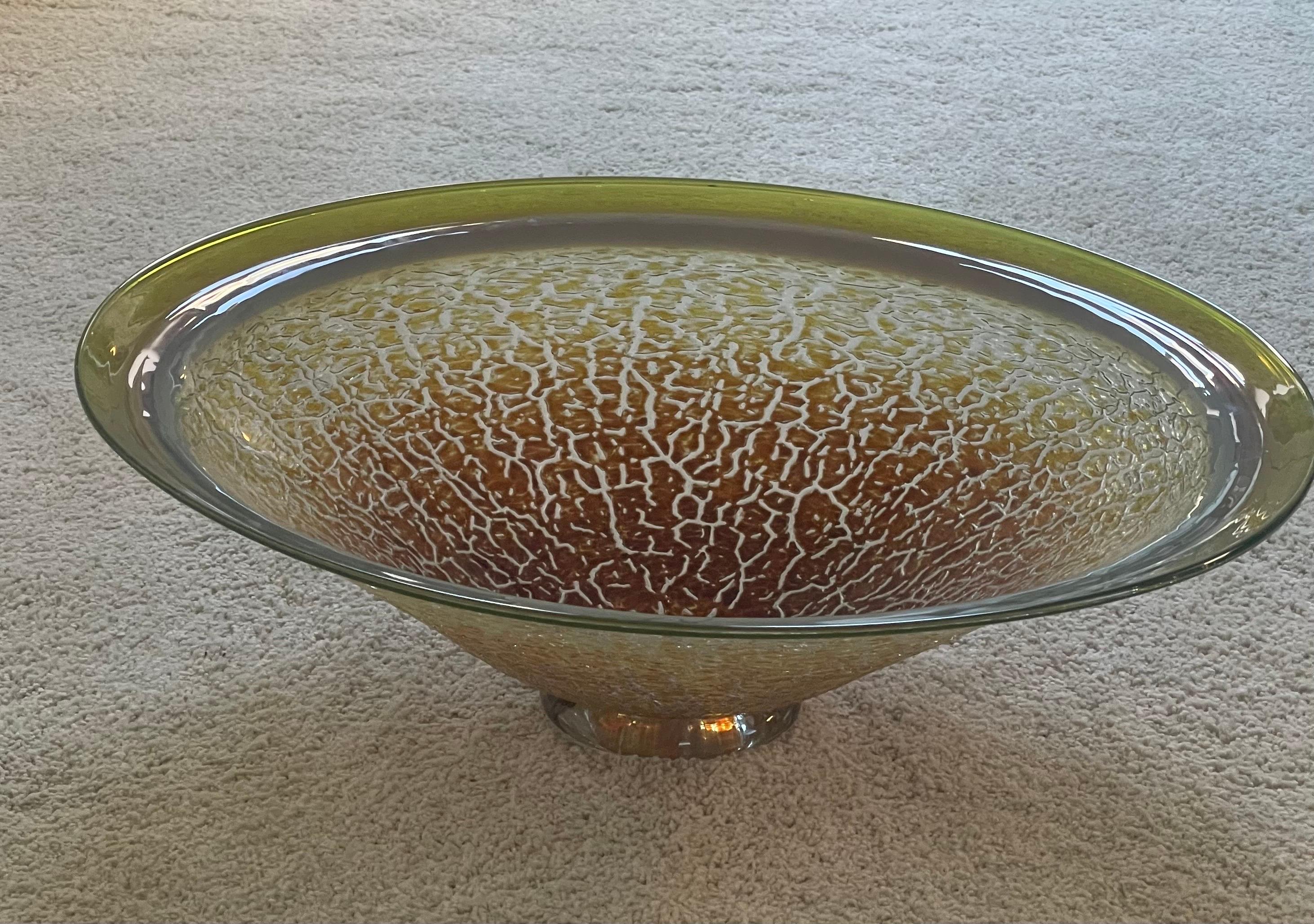Mouth Blown Jade Craquel Art Glass Bowl / Centerpiece by Willsea & O'Brien For Sale 5