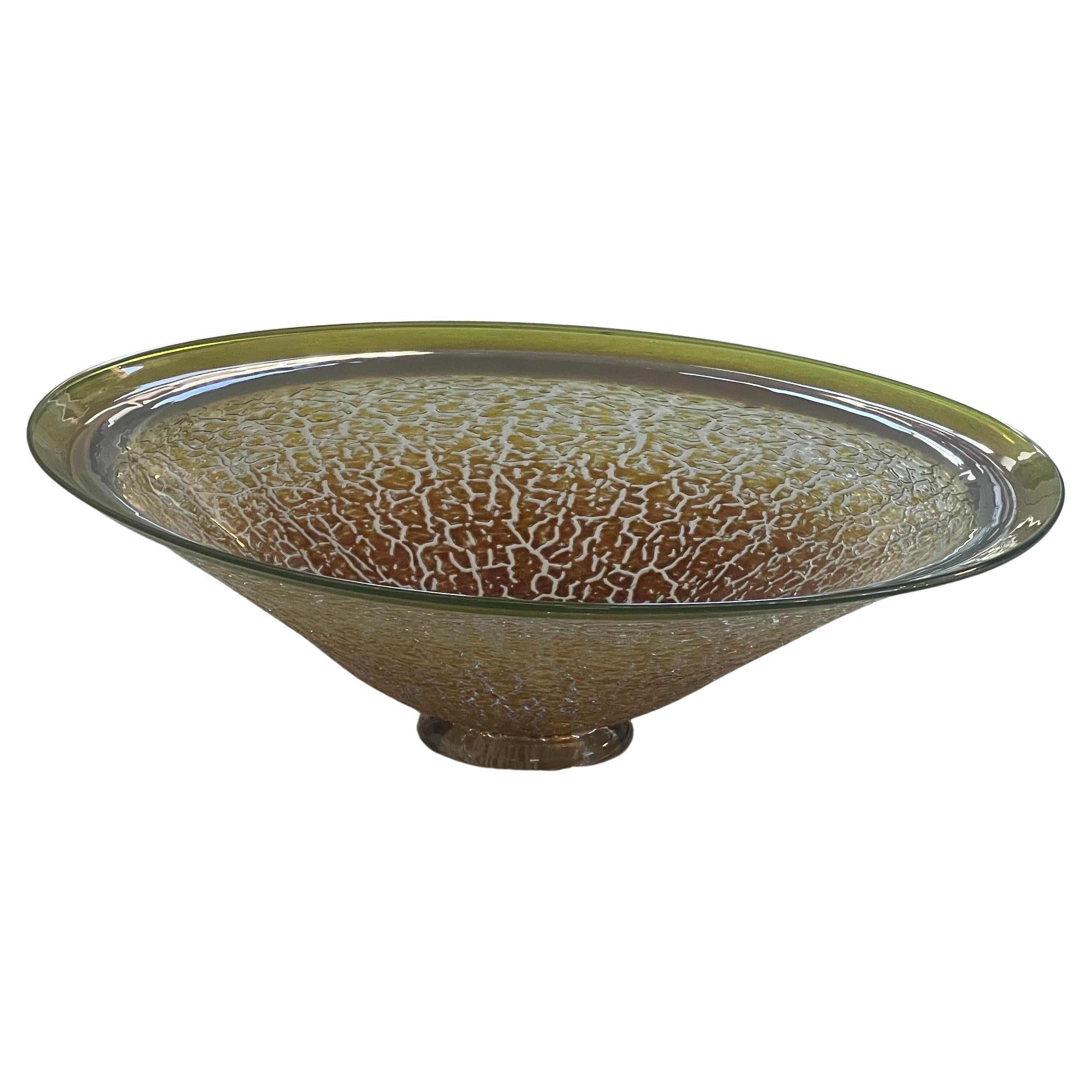 Stunning mouth blown jade craquel art glass bowl / centerpiece by Paul Willsea and Carol O'Brien circa 1990s. This beautiful freeform piece measures 19