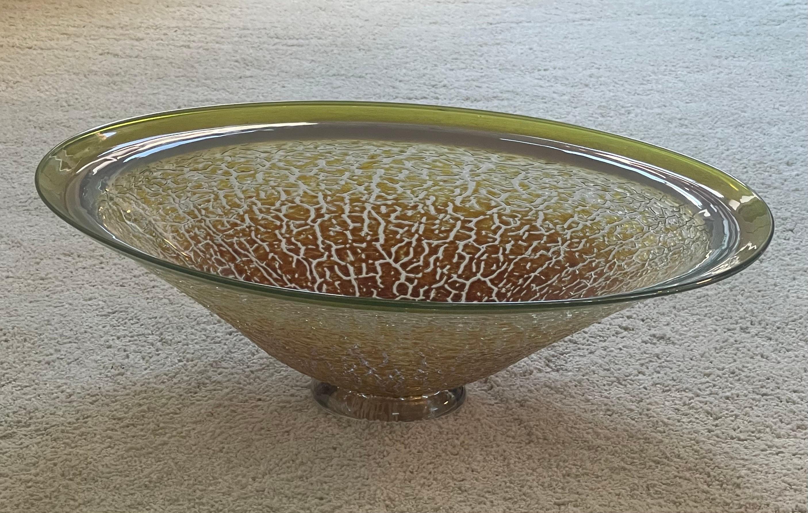 Hollywood Regency Mouth Blown Jade Craquel Art Glass Bowl / Centerpiece by Willsea & O'Brien For Sale