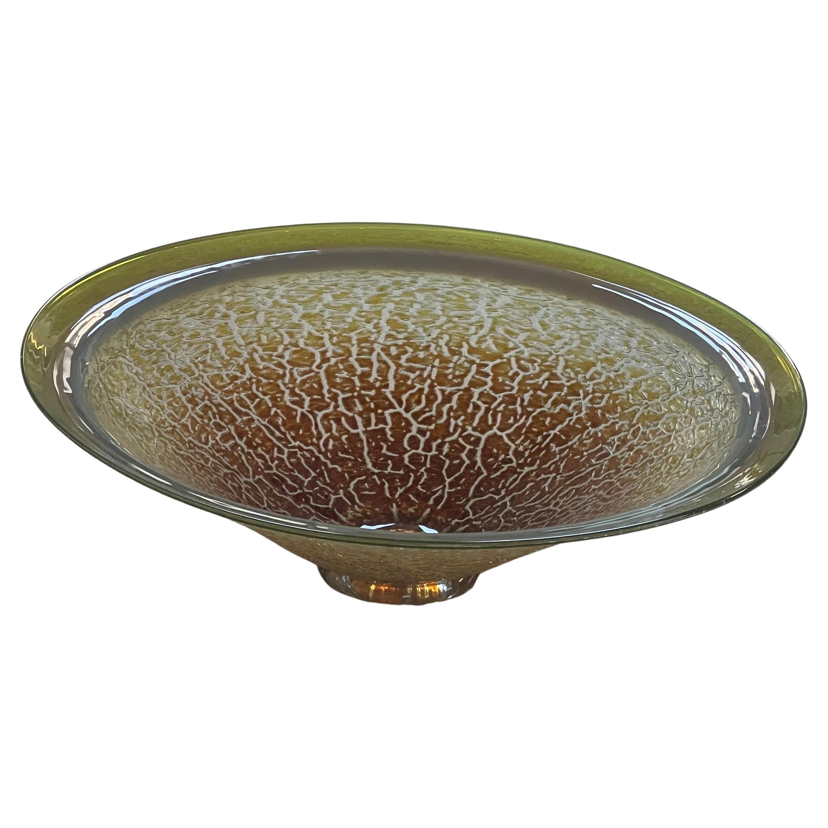 Mouth Blown Jade Craquel Art Glass Bowl / Centerpiece by Willsea & O'Brien For Sale