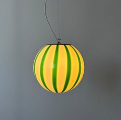 Mouth blown Murano green stripes pendant lamp, made in Murano island, Italy