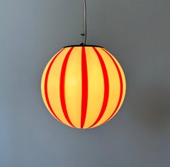 Mouth blown Murano red stripes pendant lamp, made in Murano island, Italy