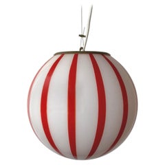 Mouth blown Murano red stripes pendant lamp, made in Murano island, Italy