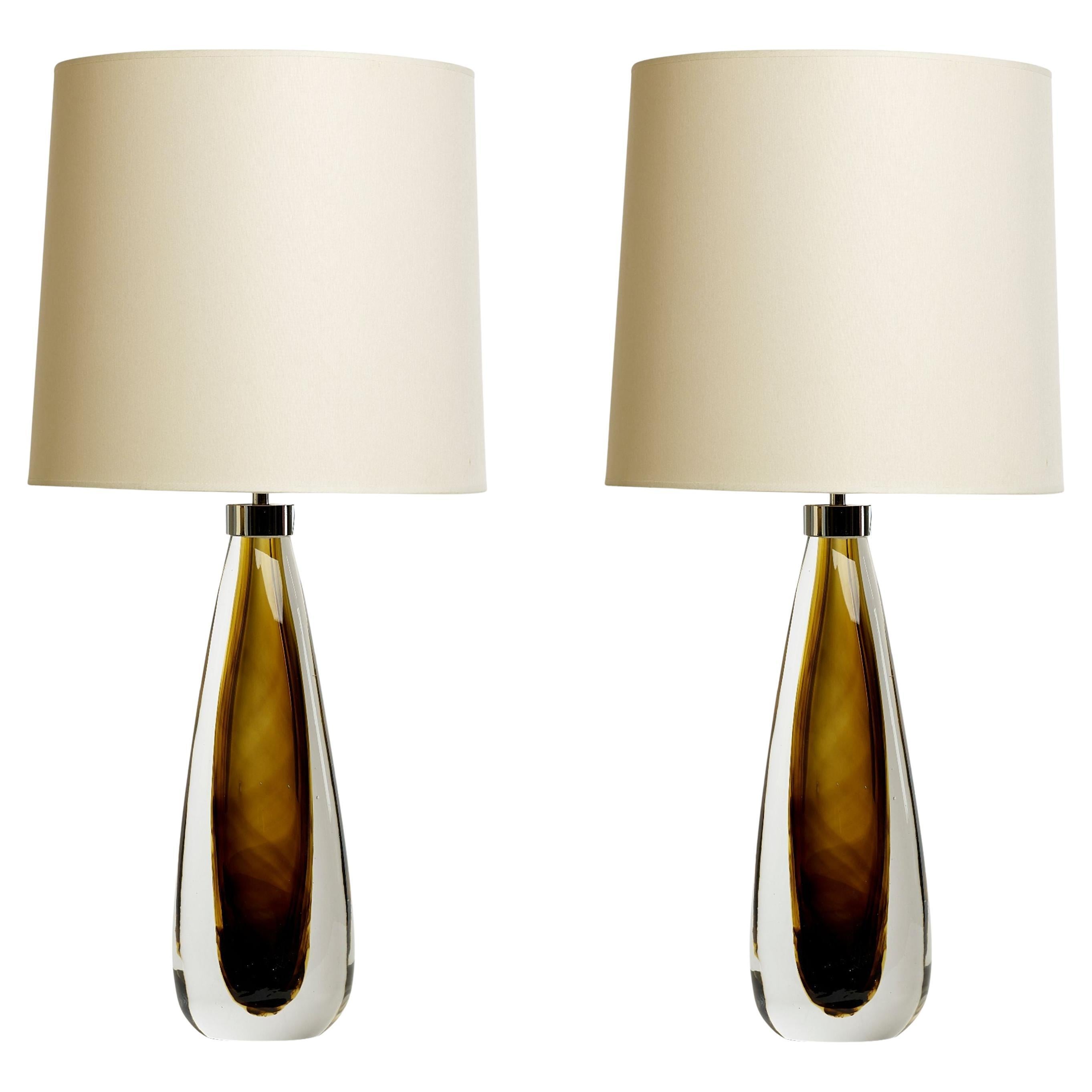 Lampade da tavolo in vetro di Murano Glass Sommerso soffiato a bocca, Cristallo e Bronzo fumé