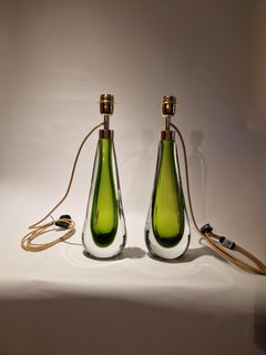 Mouth blown Sommerso Murano Glass Table lamps, Cristallo and Verde glass