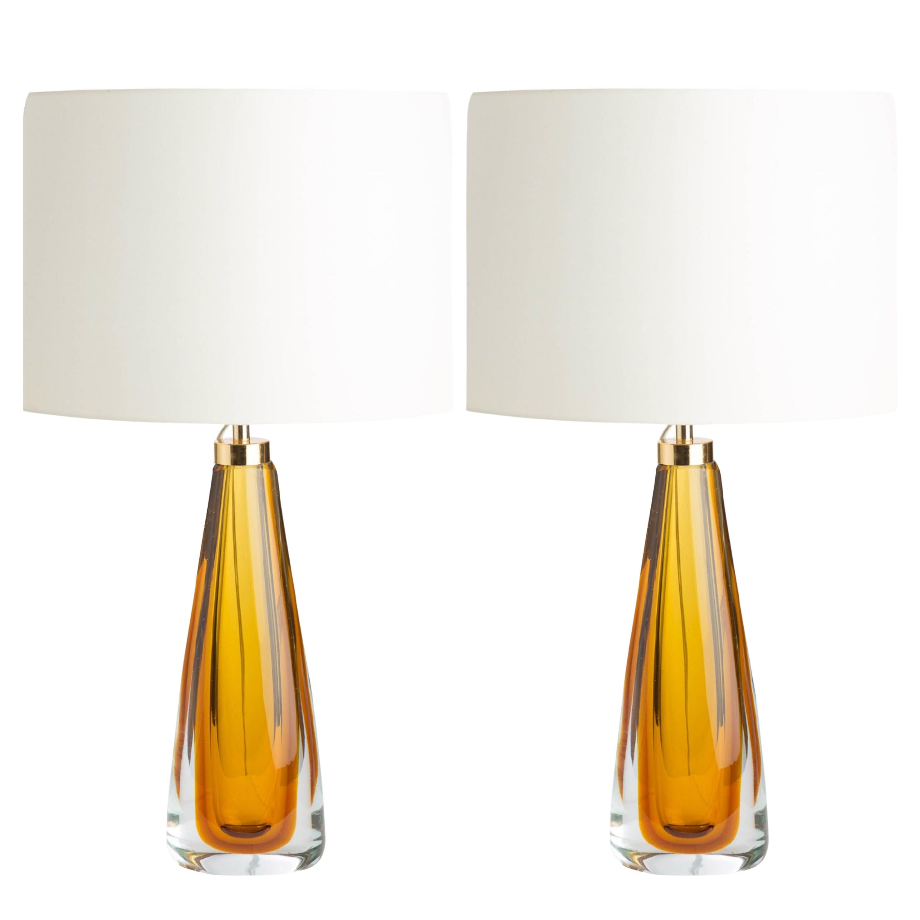 Lampes de table en verre Murano Glass Sommerso soufflé à la bouche en verre Cristallo et Amber en vente
