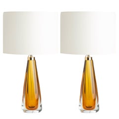 Mouth blown Sommerso Murano Glass Table lamps in Cristallo and Amber glass