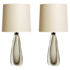 Mouth blown Sommerso Murano Glass Table lamps in Cristallo and Steel Grey glass