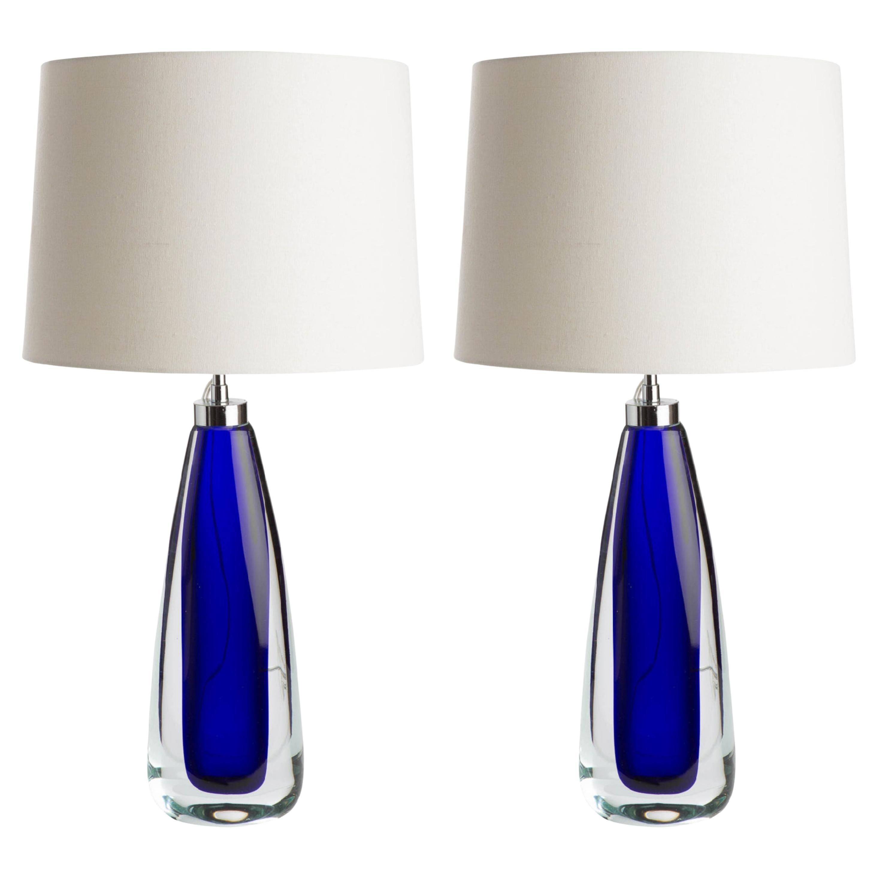 Mouth blown Sommerso Murano Glass Table lamps in Cristallo, Blue & Nickel