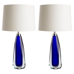 Mouth blown Sommerso Murano Glass Table lamps in Cristallo, Blue & Nickel