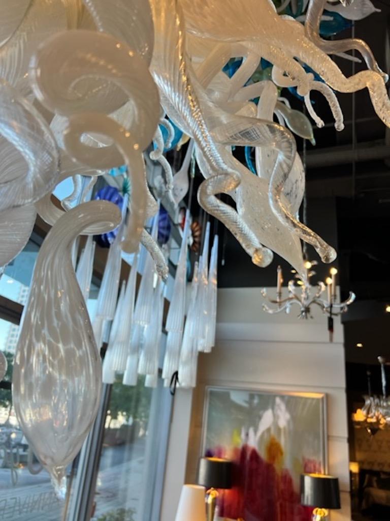 Glass Mouth blown white organic chandelier For Sale