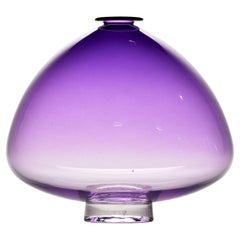 Mouth Blown Wide Ombre Amethyst Signed Art Glass Vase