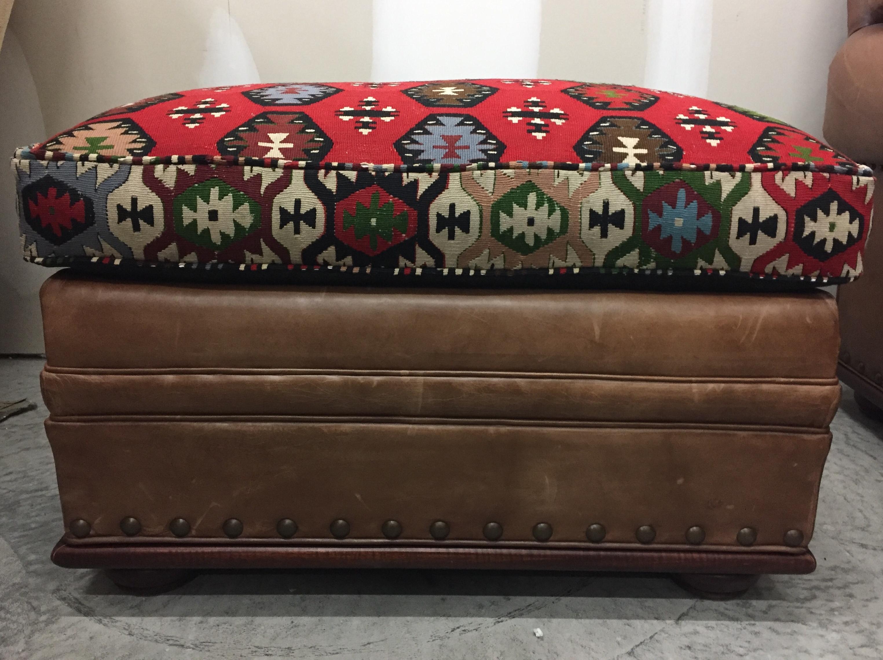 Mouth Watering Ralph Lauren Leather and Kilim Club Chair and Ottoman In Good Condition In Hopewell, NJ