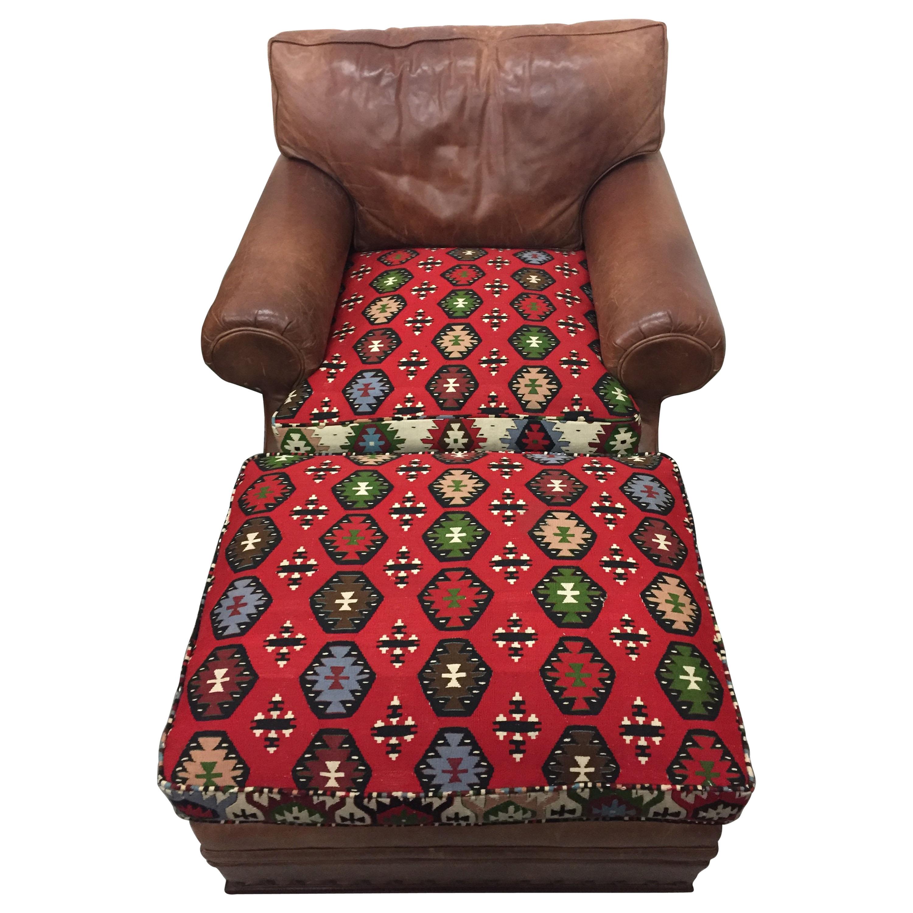 Mouth Watering Ralph Lauren Leather and Kilim Club Chair and Ottoman