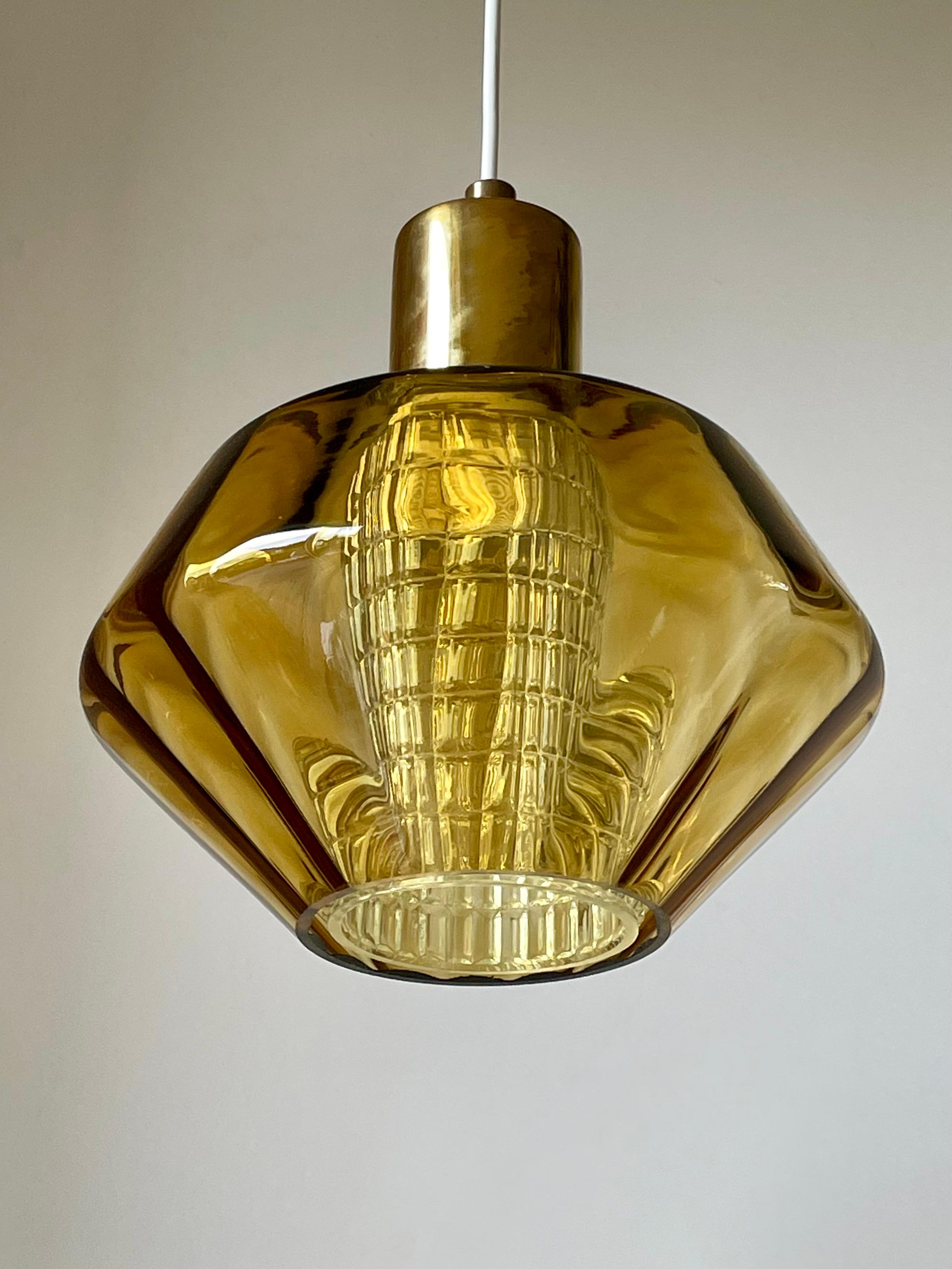 Mid-Century Modern 1950s Orrefors Amber and Clear Glass Pendant, Sweden