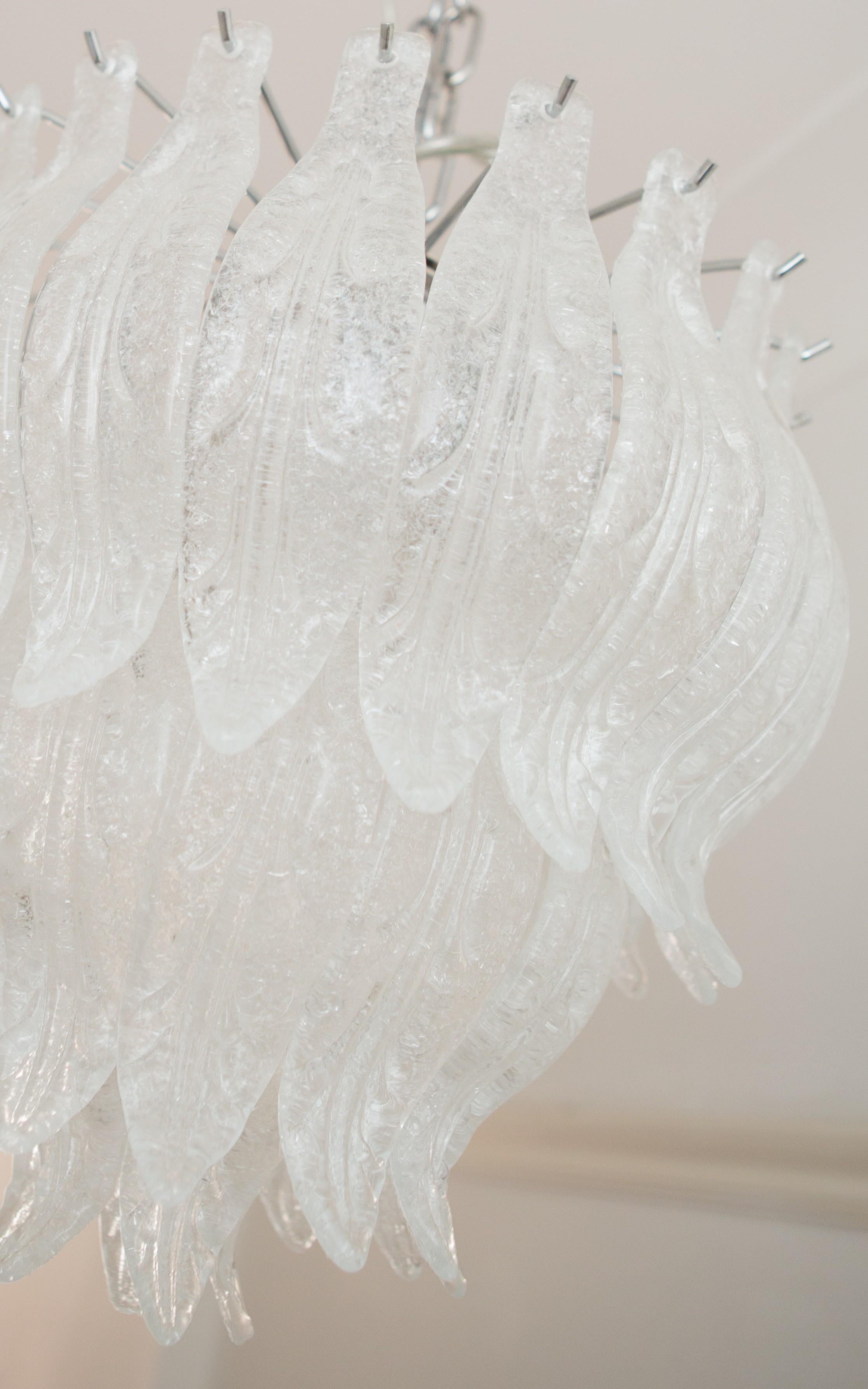 Italian Mouthblown Murano Glass Leaf Chandelier with Granita Glass and Polished Nickel For Sale