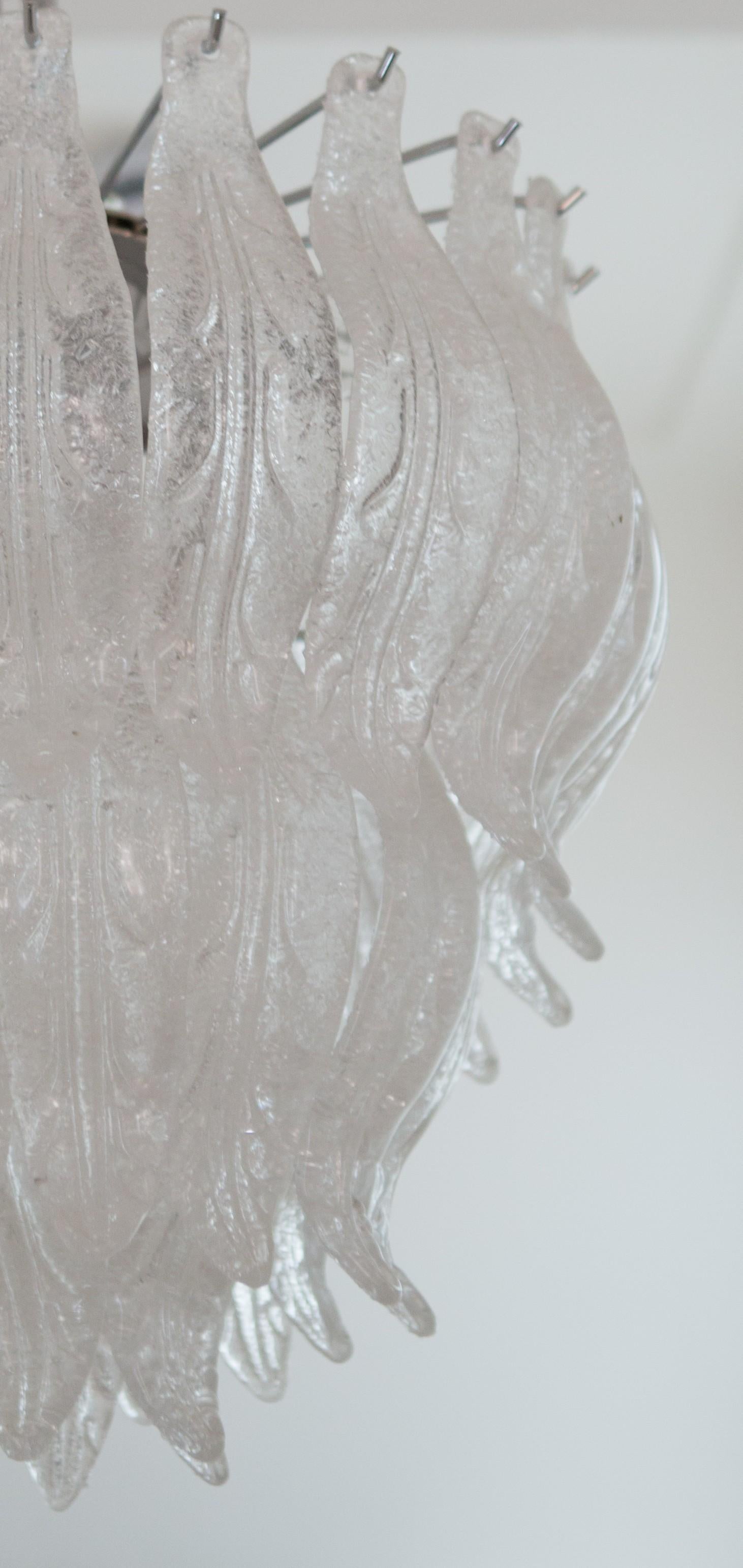 Contemporary Mouthblown Murano Glass Leaf Chandelier with Granita Glass and Polished Nickel For Sale