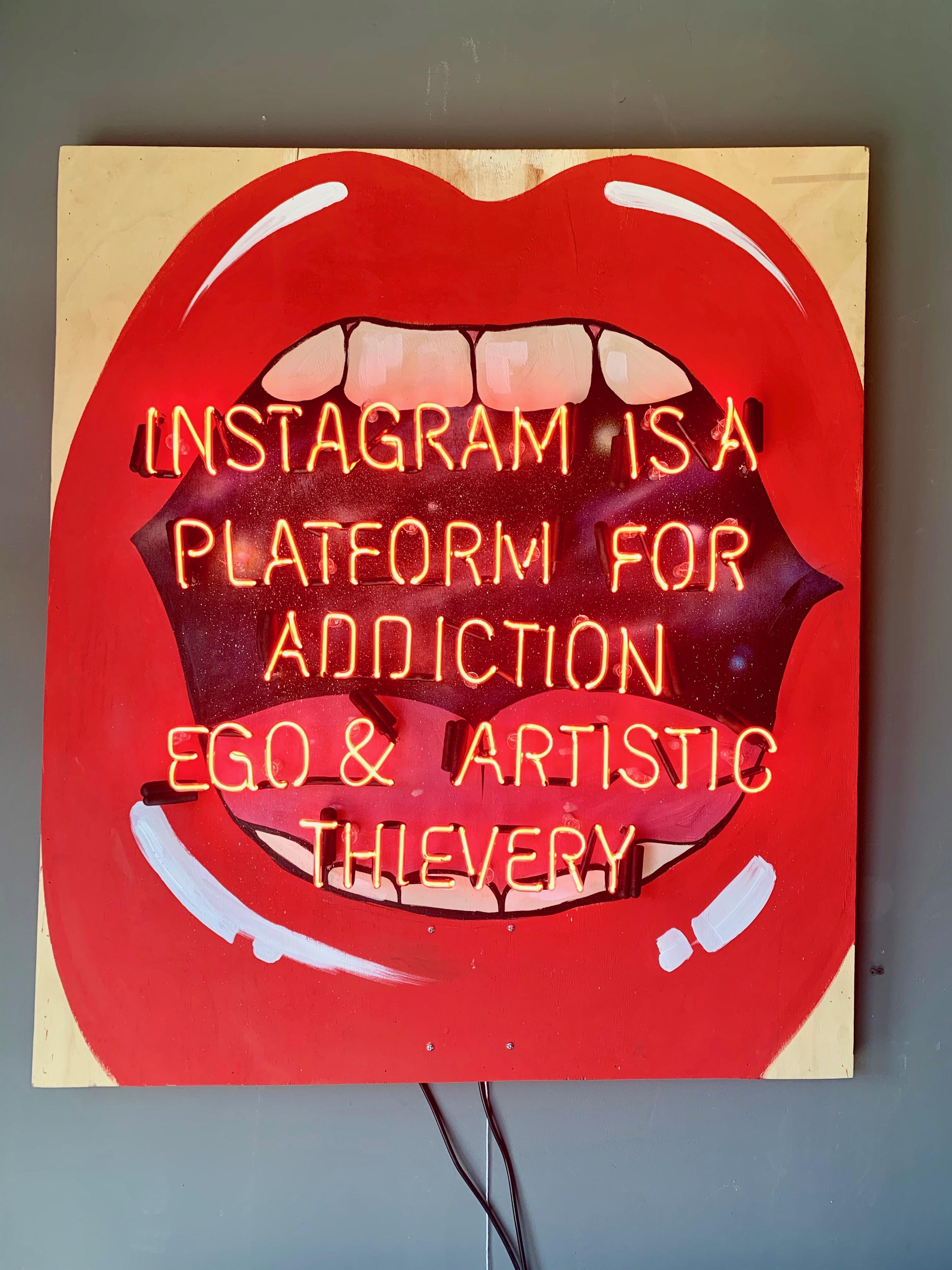 Collaborative original artwork by neon artist Tory DiPietro and street artist Jules Muck. Hand painted Muck Mouth on a wood backdrop with neon message on the forefront. The piece demonstrates the effects of social media on the human experience.