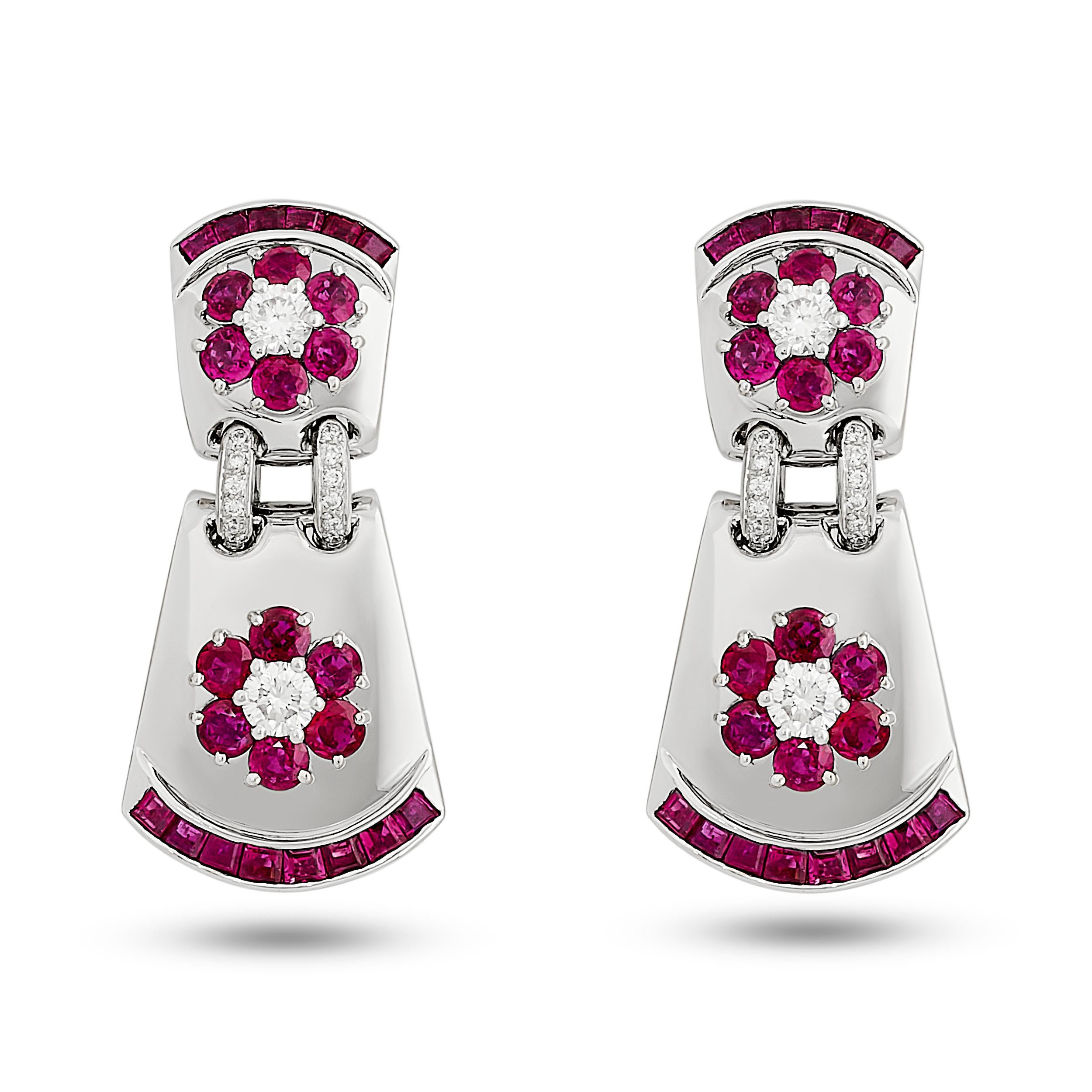 Round Cut Mouwad 18 Karat White Gold Ruby and Diamond Suite with Wooden Box