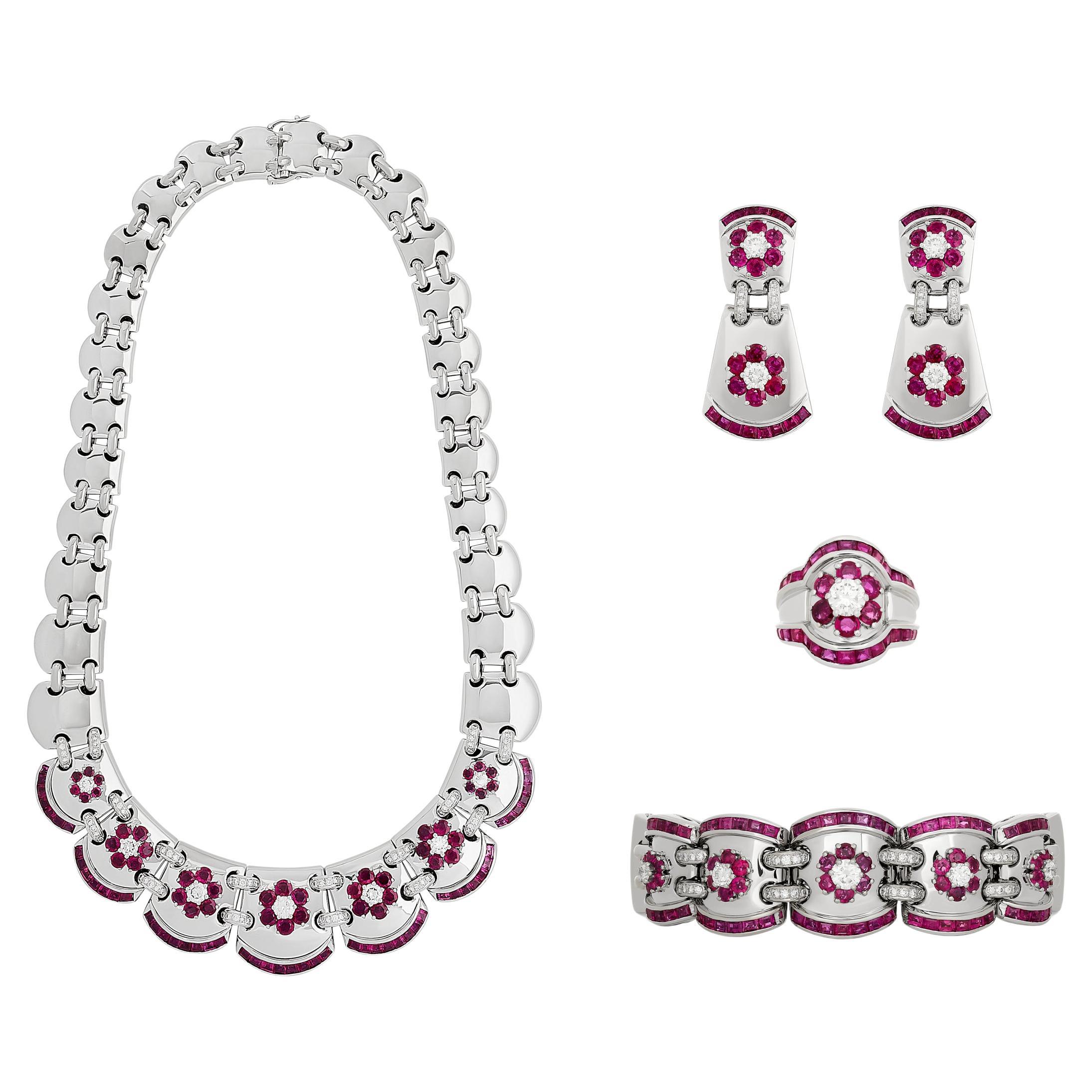 Mouwad 18 Karat White Gold Ruby and Diamond Suite with Wooden Box
