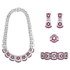 Mouwad 18 Karat White Gold Ruby and Diamond Suite with Wooden Box