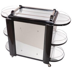 Vintage Movable Black Lacquer Art Deco Style Bar Cart with Mirrors, France, 1950s