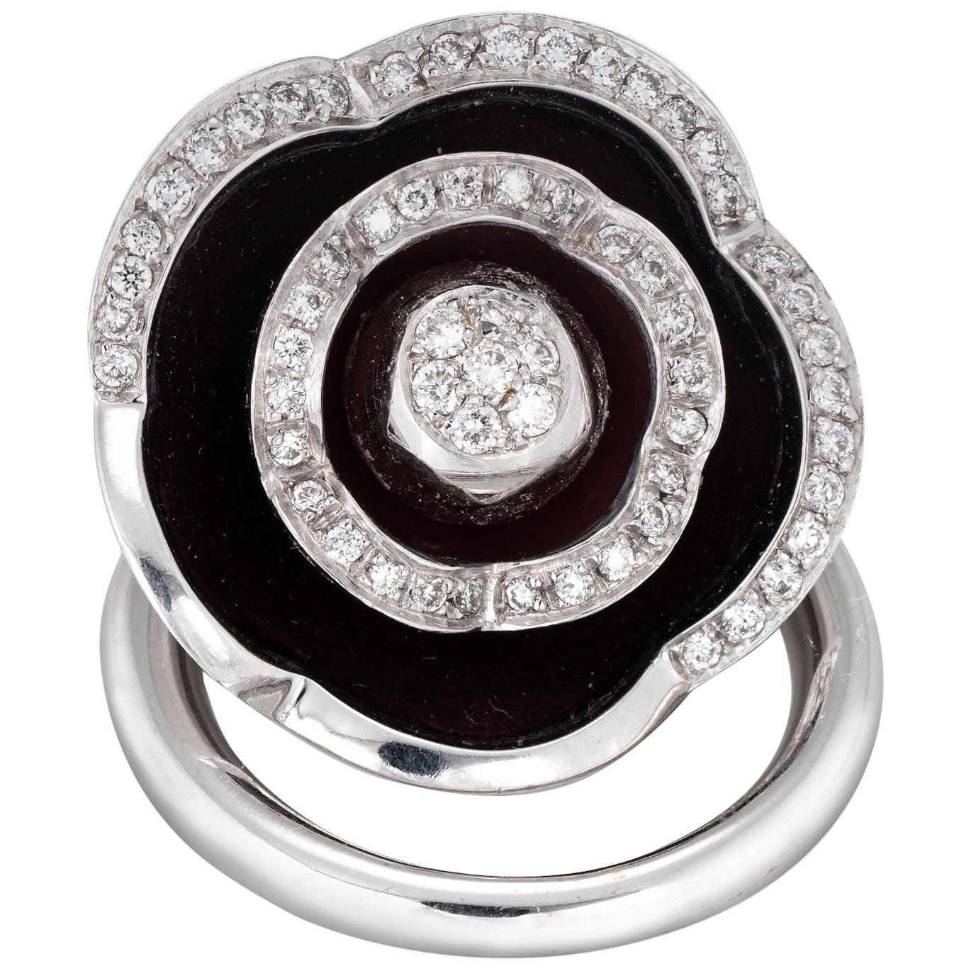 Movable Flower Diamond Ring Enamel Vintage Cocktail 18 Karat White Gold Jewelry