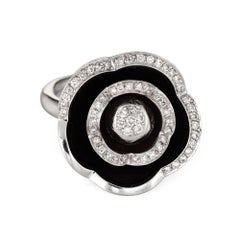 Movable Flower Diamond Ring Enamel Vintage Cocktail 18 Karat White Gold Jewelry