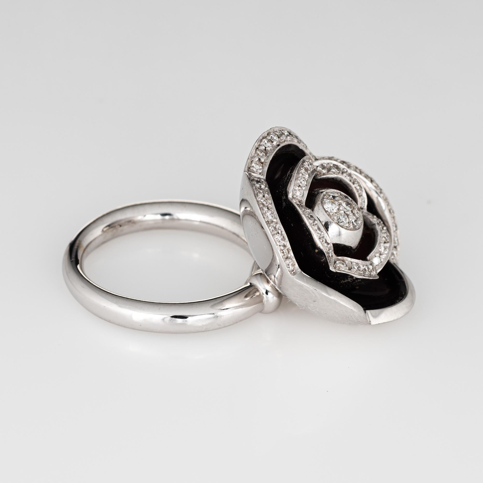 Round Cut Movable Flower Diamond Ring Enamel Vintage Cocktail 18 Karat White Gold Jewelry