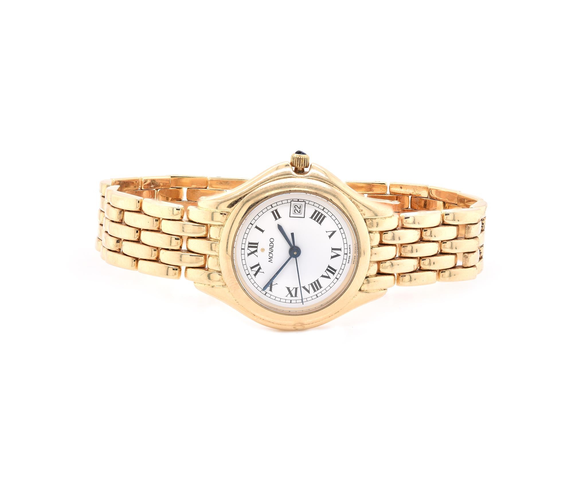 Movement: quartz
Function: Hours, minutes, seconds, date
Case: 28mm 14K yellow gold case, sapphire crystal, smooth bezel, push-pull crown
Band: 14K yellow gold panther link bracelet
Dial: white roman dial
Reference: classic
Serial: 804XXX


No Box