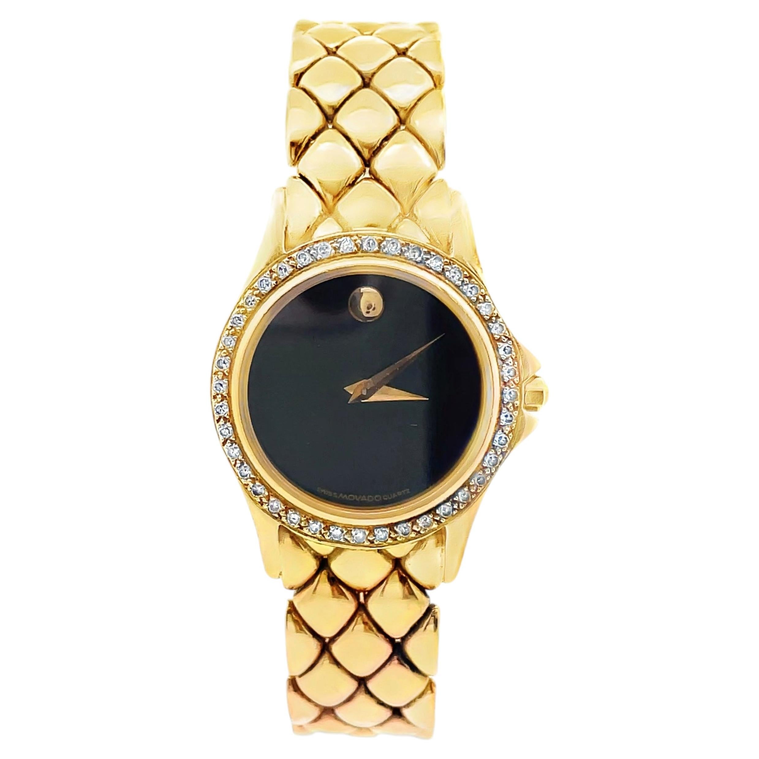 Reloj Movado de oro amarillo de 14K, esfera negra de 18 mm, bisel con diamantes, mecanismo de cuarzo