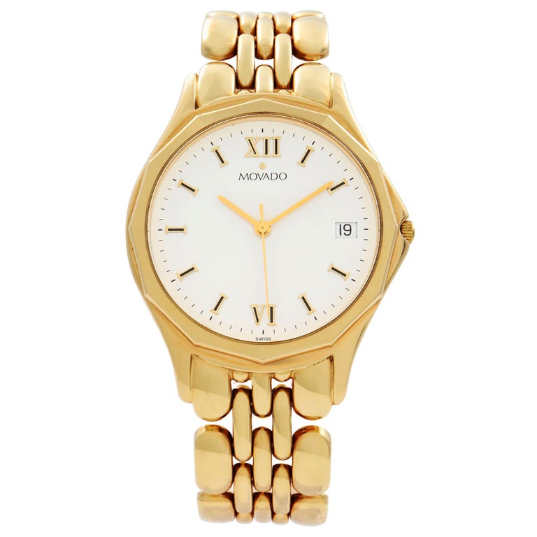 Movado 14k Yellow Gold White Roman Dial Quartz Mens Watch 74-19-880