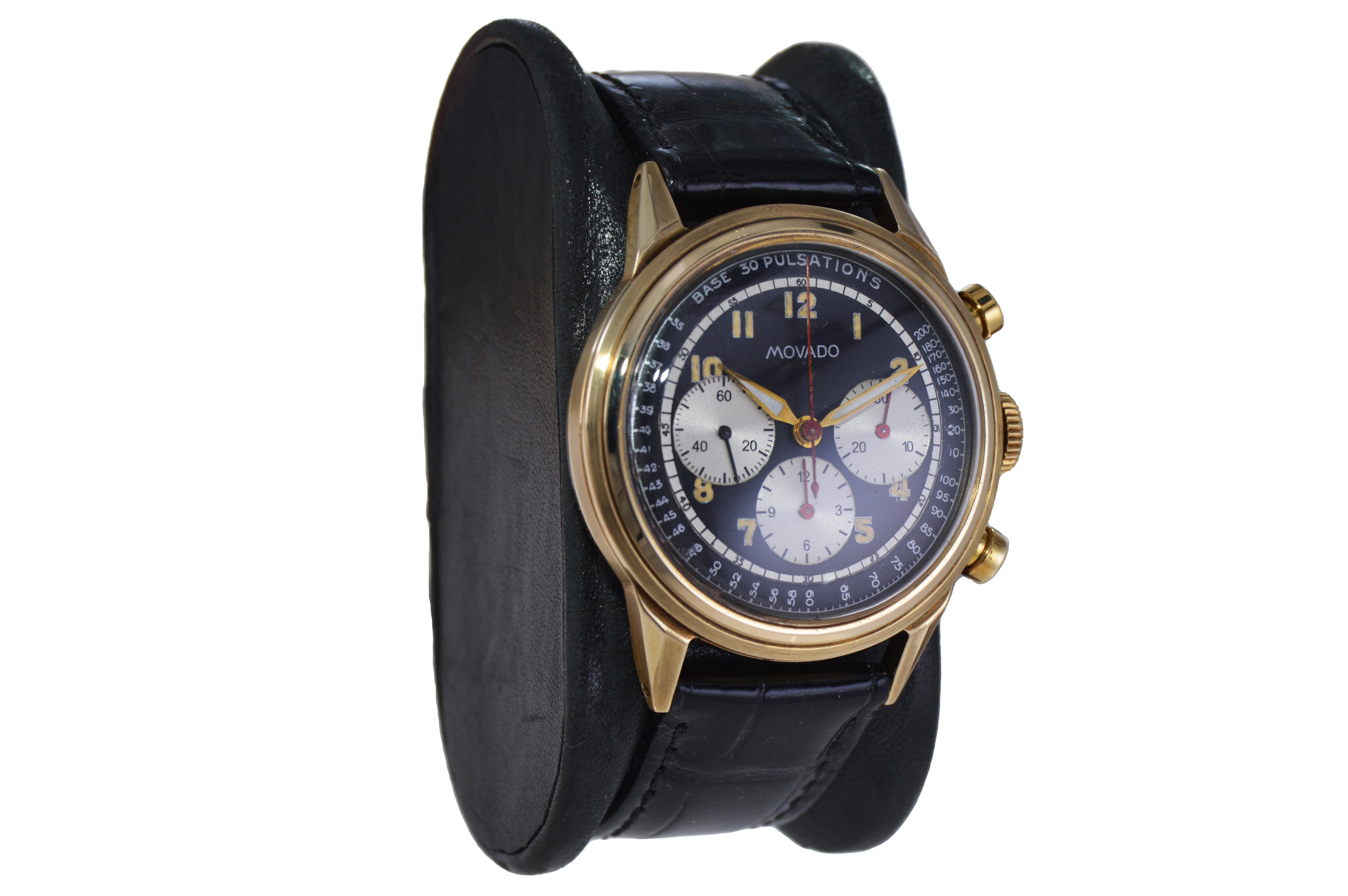 Movado 14Kt. Gold Art Deco Triple Register Chronograph Manual Watch In Excellent Condition For Sale In Long Beach, CA
