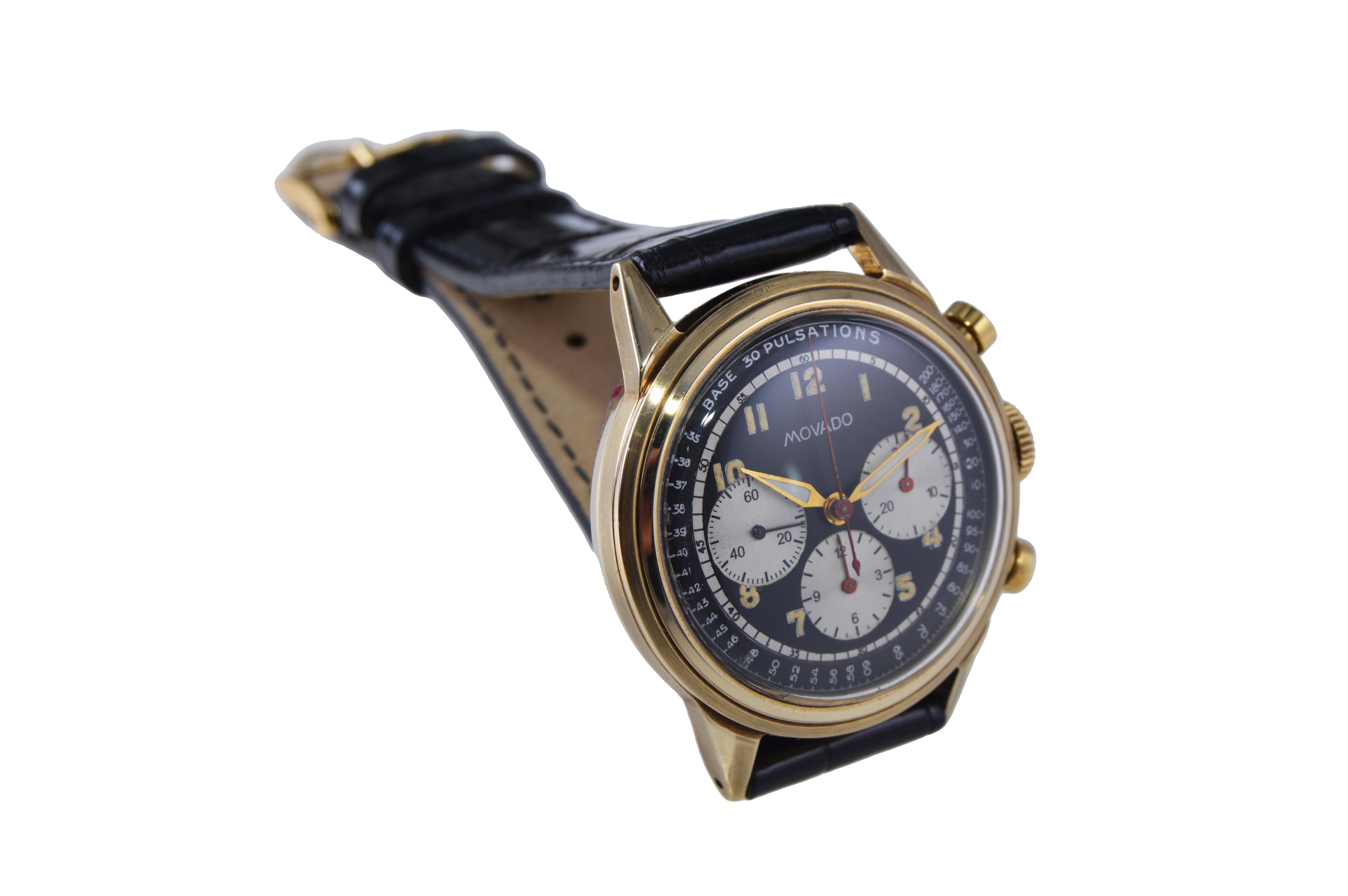 Movado 14Kt. Gold Art Deco Triple Register Chronograph Manual Watch For Sale 1