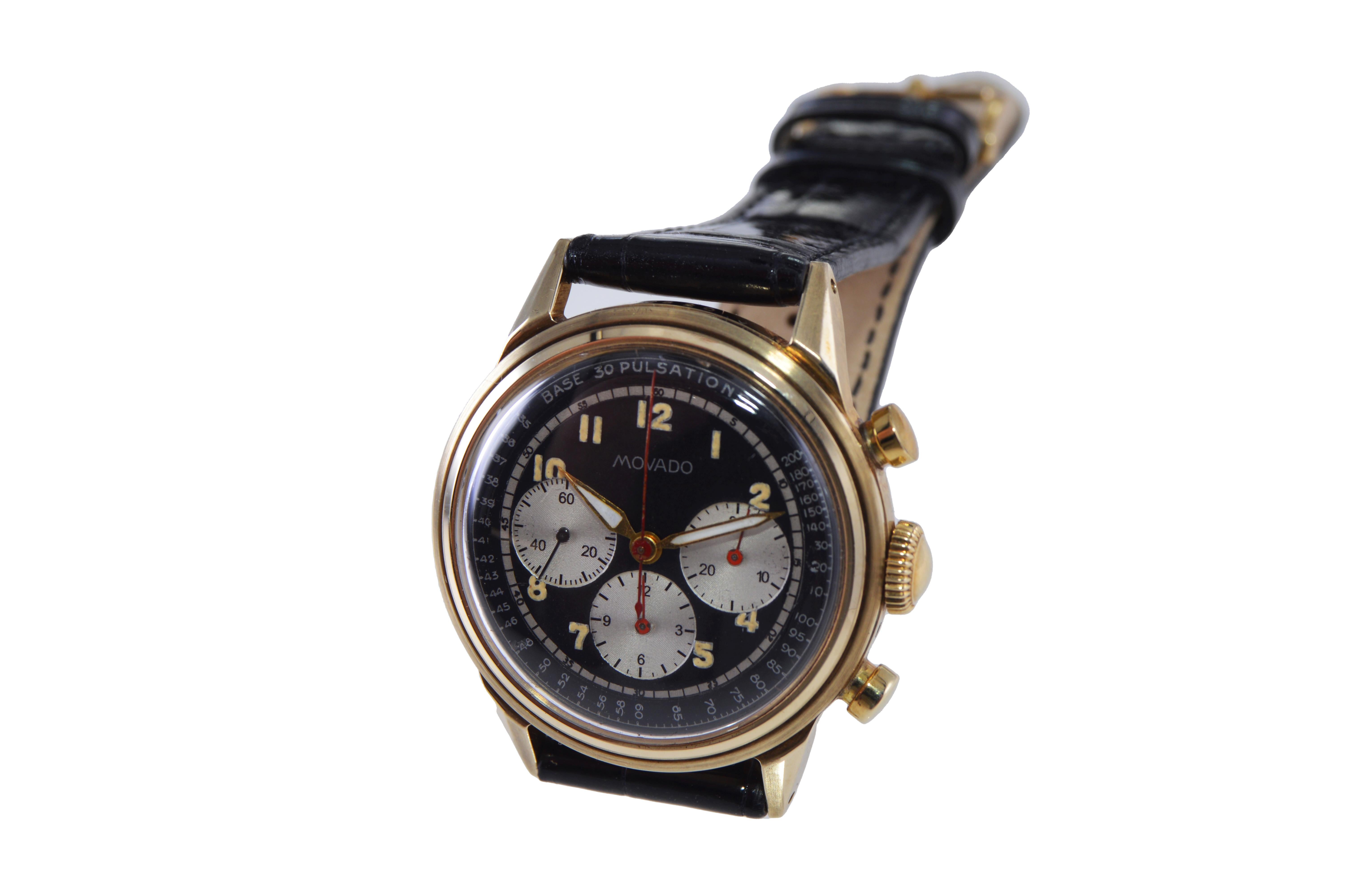 Movado 14Kt. Gold Art Deco Triple Register Chronograph Manual Watch For Sale 2