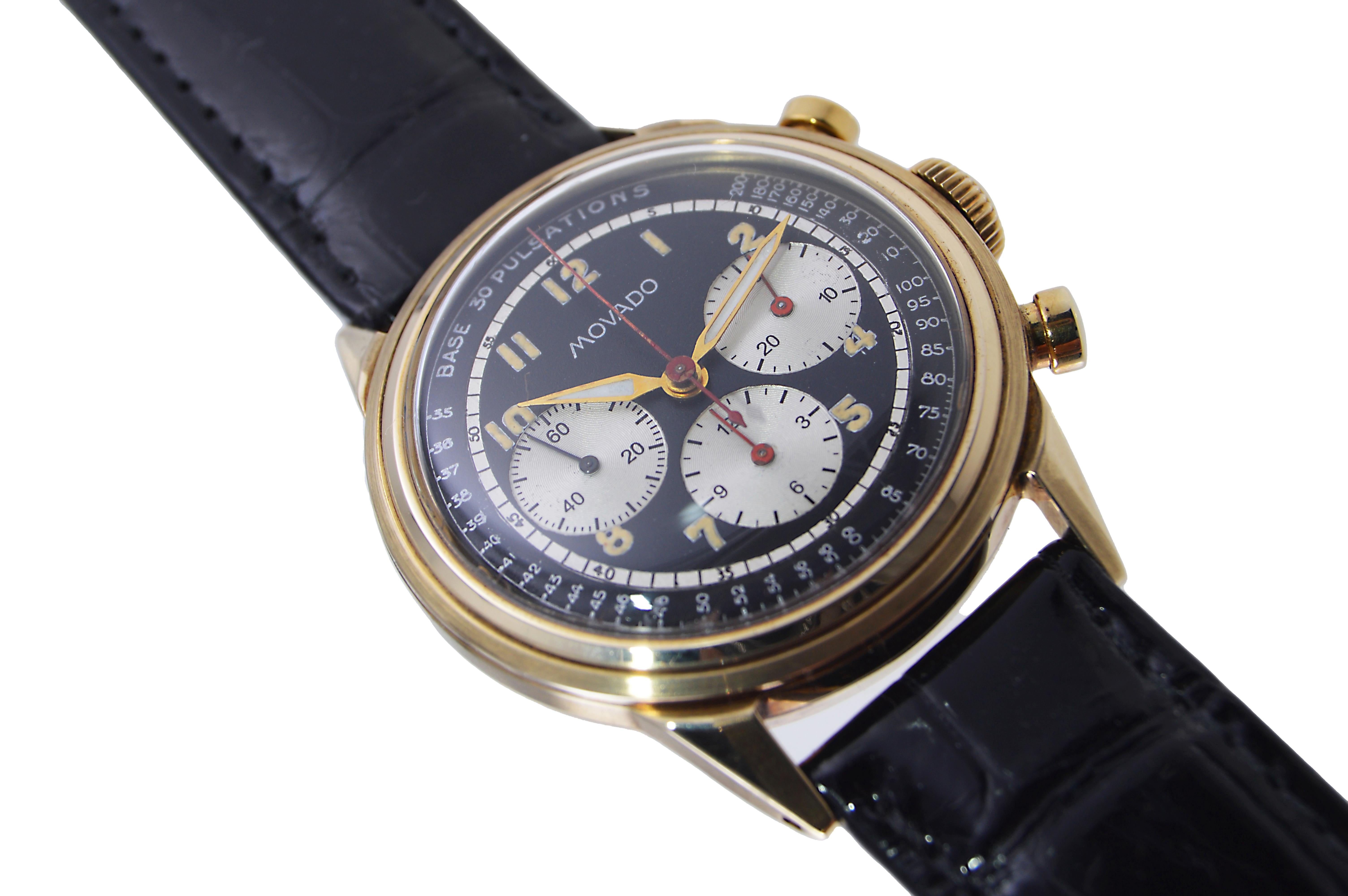 Movado 14Kt. Gold Art Deco Triple Register Chronograph Manual Watch For Sale 4
