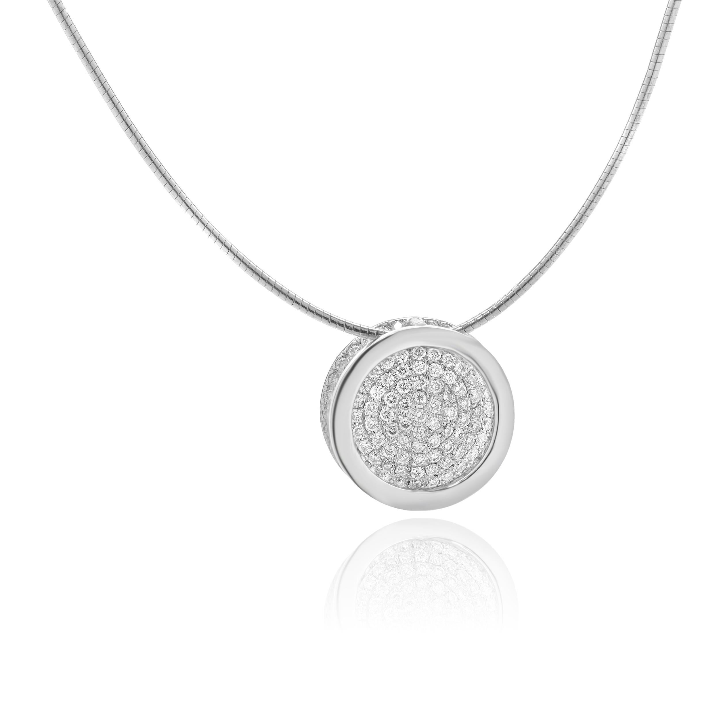 Designer: Movado
Material: 18K white gold
Diamond: 121 round brilliant cut = 0.60cttw
Color: G
Clarity: SI1
Dimensions: necklace measures 16.5-inches in length
Weight: 9.96 grams