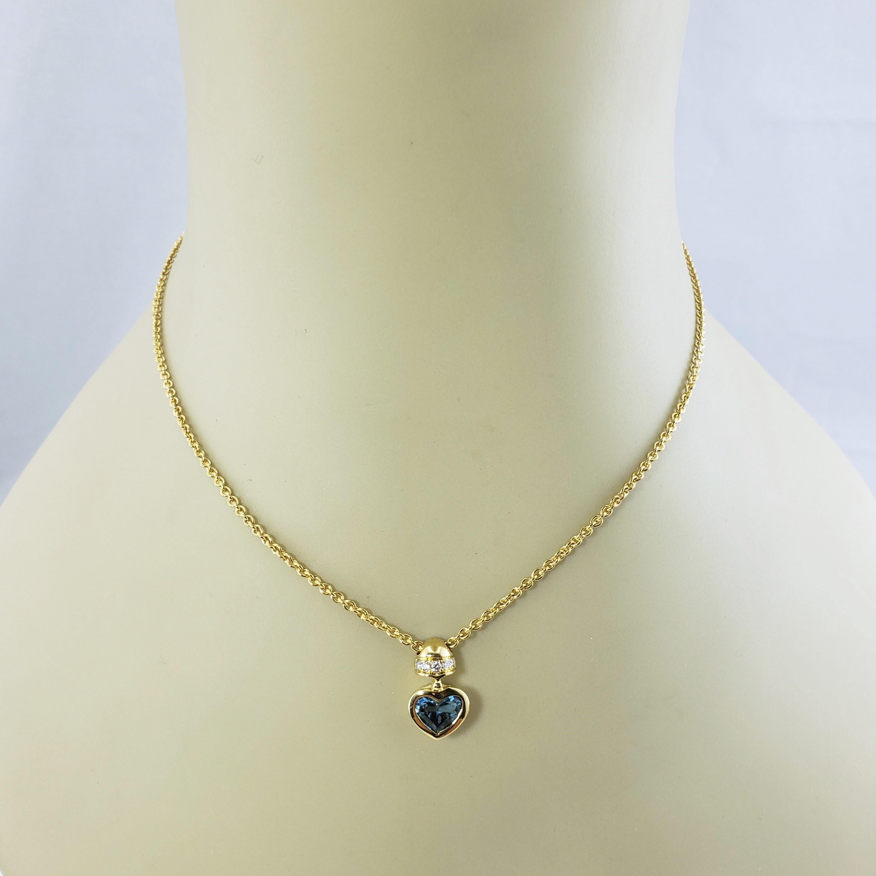 Movado 18 Karat Yellow Gold Blue Topaz and Diamond Heart Pendant Necklace In Good Condition In Washington Depot, CT