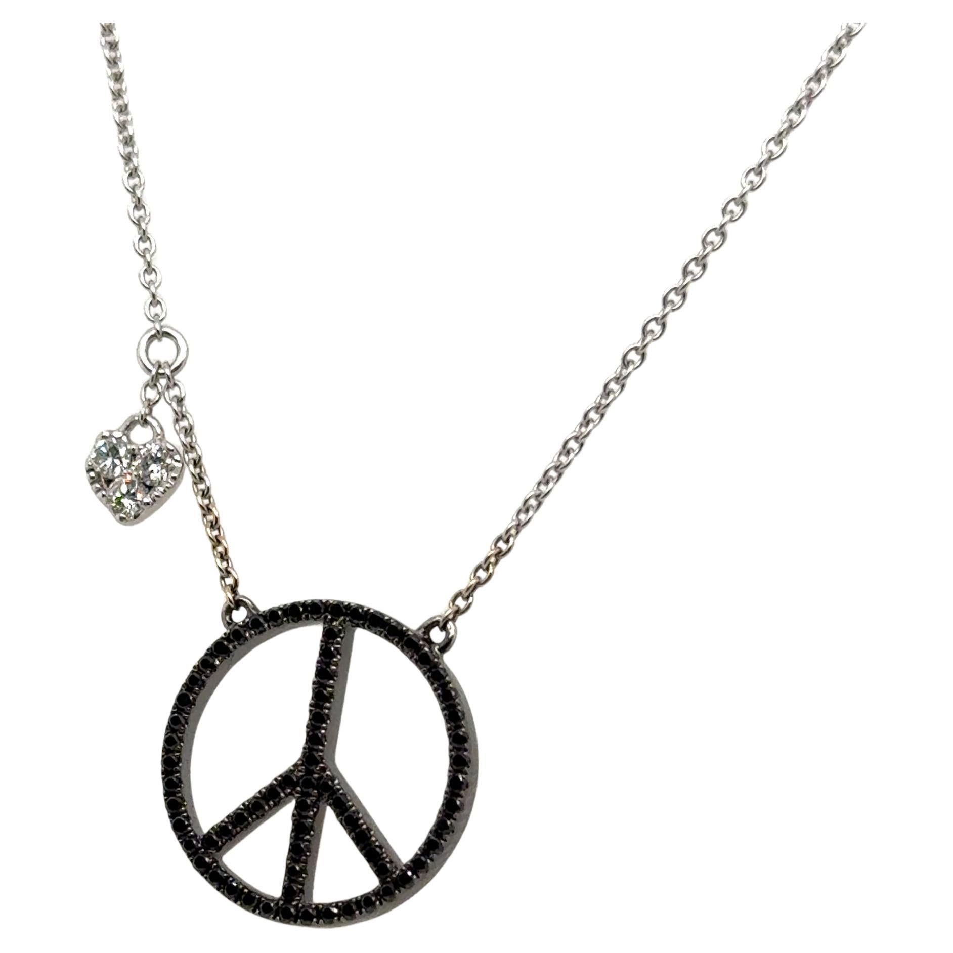 Contemporary Movado 18k White Gold Black & White Diamond Peace Sign Necklace