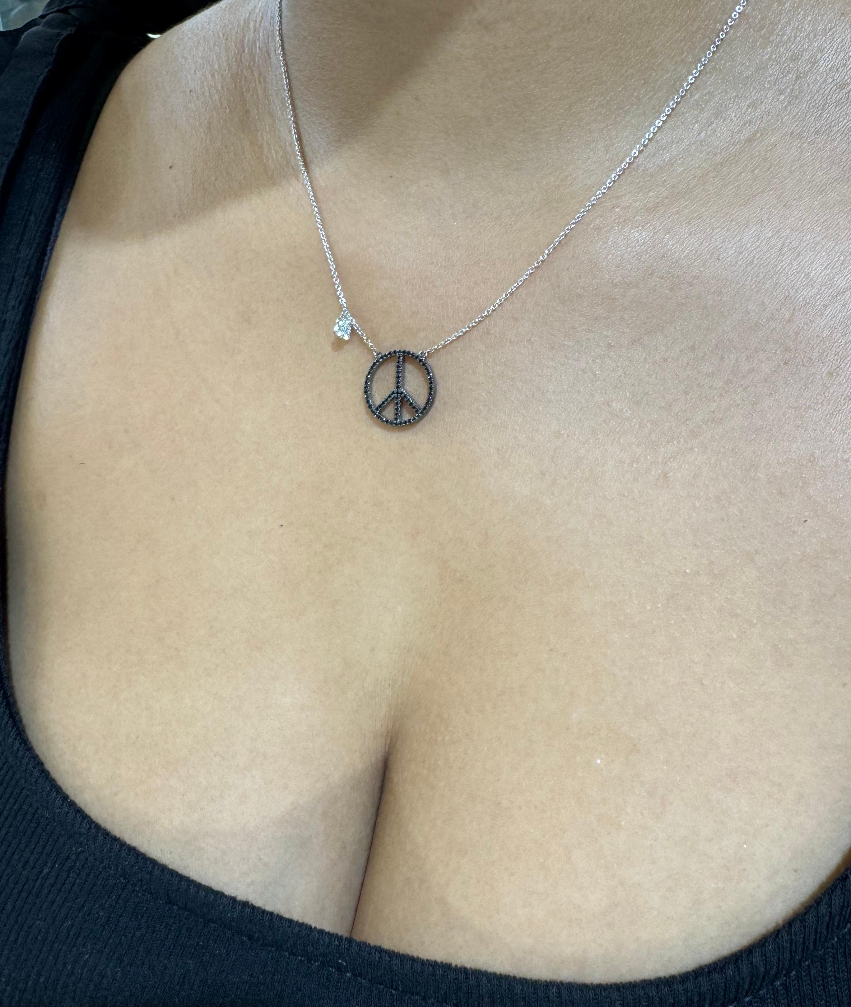 Round Cut Movado 18k White Gold Black & White Diamond Peace Sign Necklace