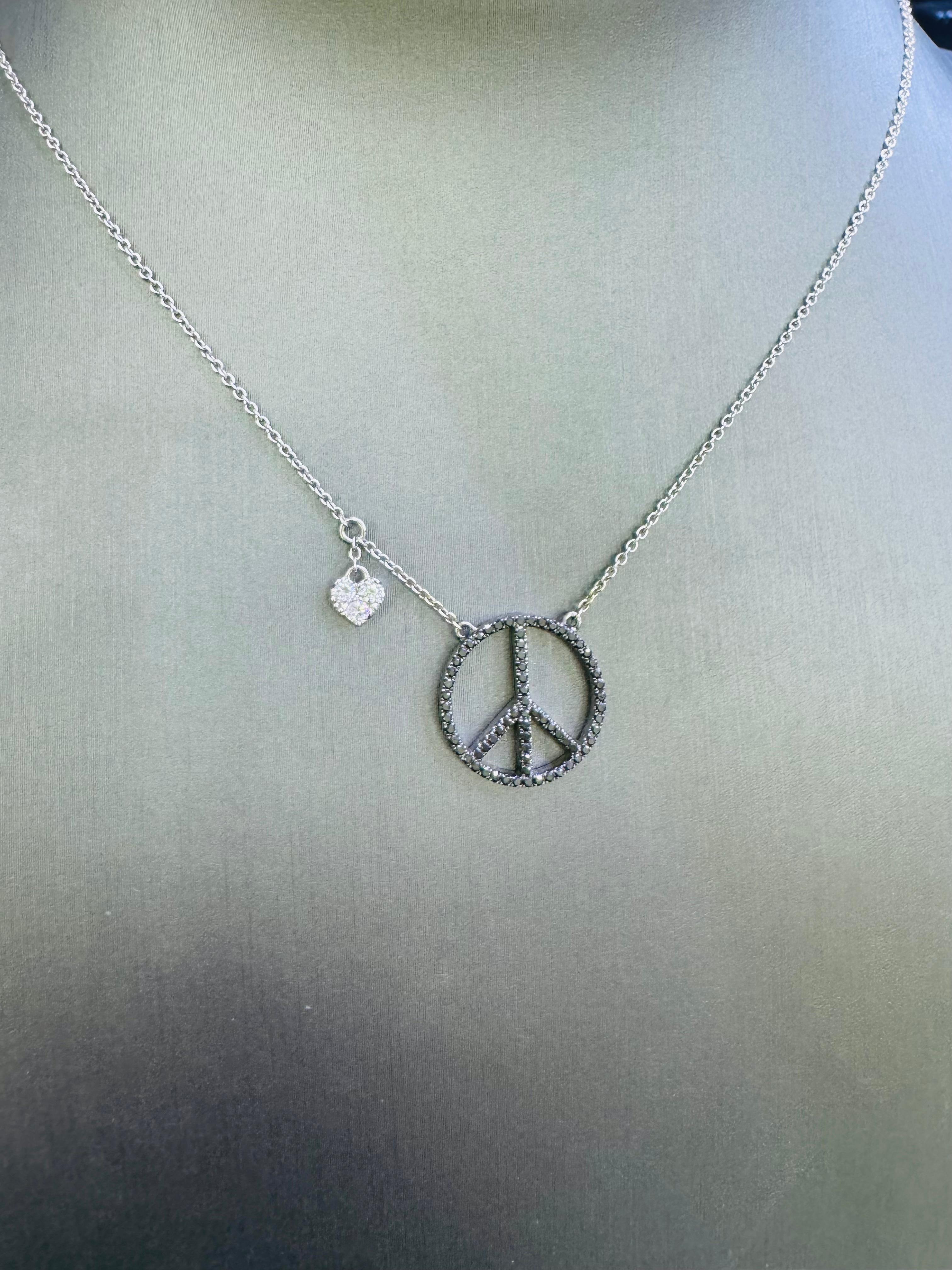 Movado 18k White Gold Black & White Diamond Peace Sign Necklace 2