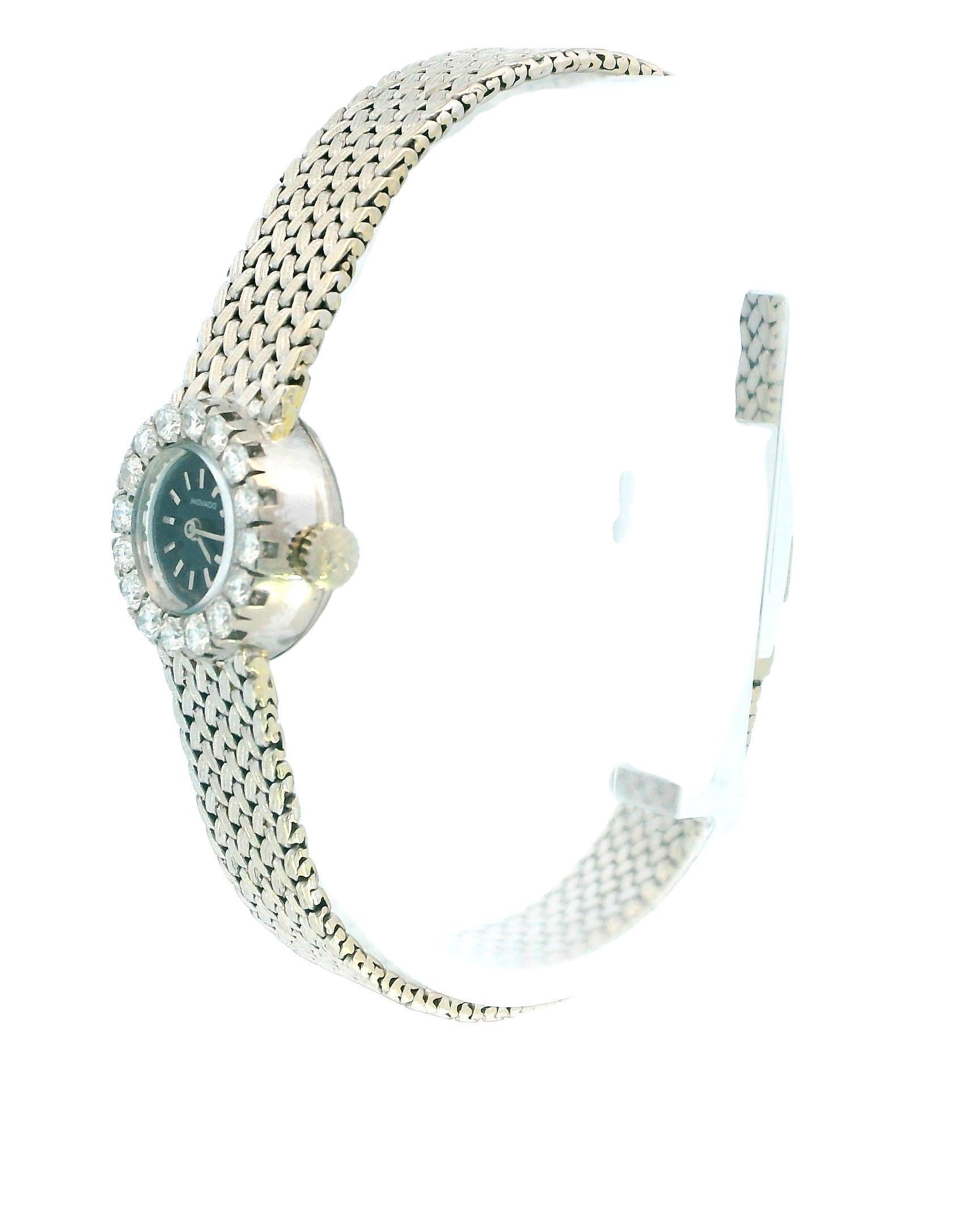 Round Cut Movado 18K White Gold & Diamond Bezel Mesh Bracelet Ladies Watch For Sale