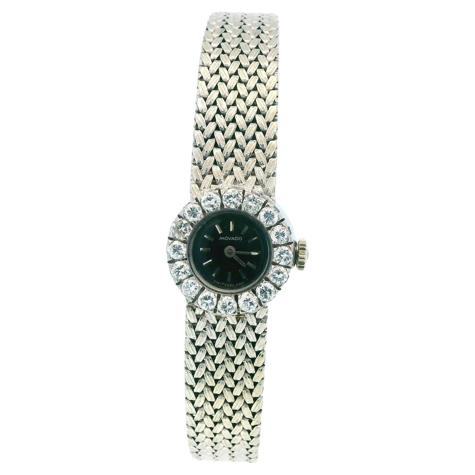 Movado 18K White Gold & Diamond Bezel Mesh Bracelet Ladies Watch