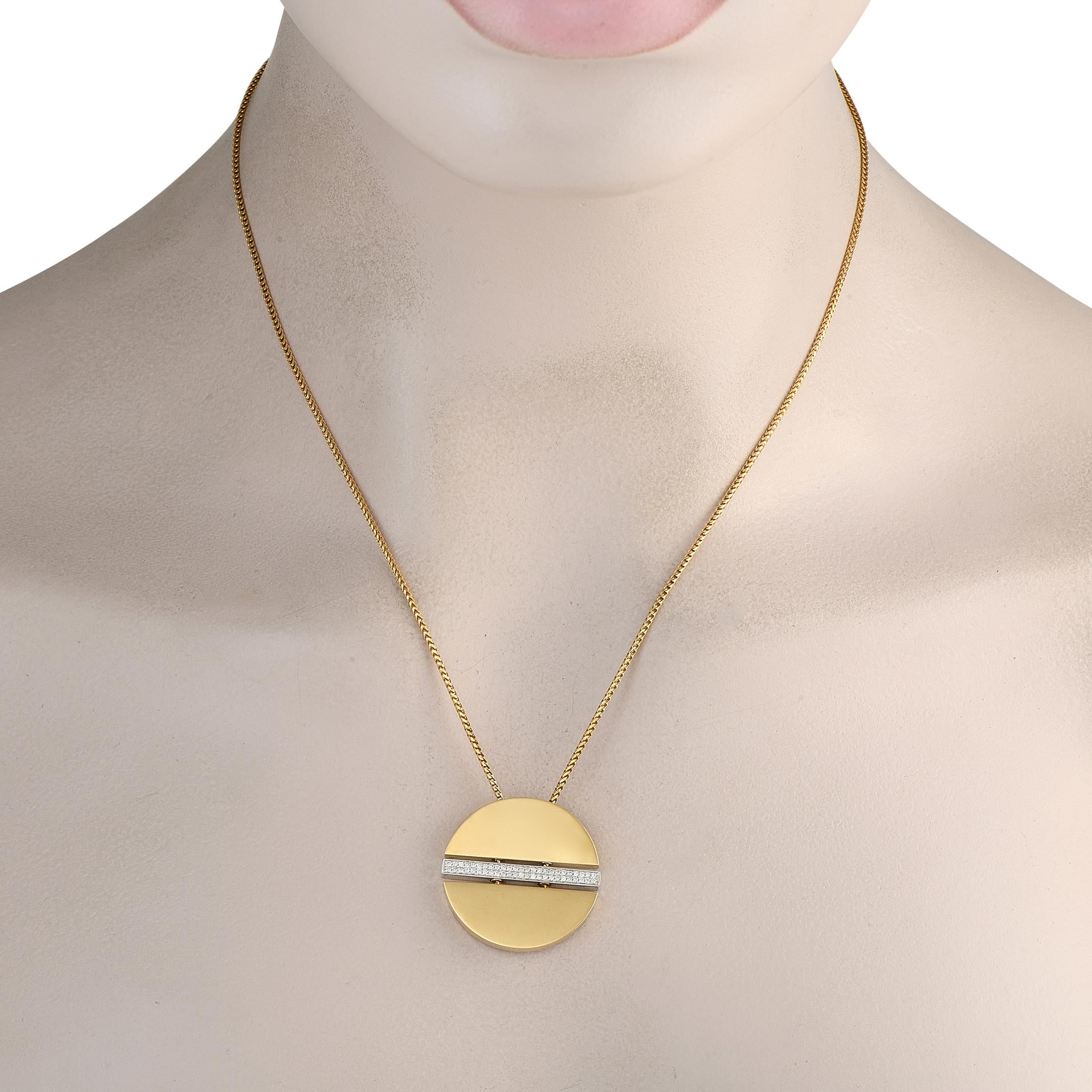 Movado's iconic dot takes on a new form in this simple yet captivating necklace. This minimalist piece, crafted in 18K yellow gold, features a disc pendant divided in half by a vertical bar of pav-set diamonds. The contrast between the discs smooth