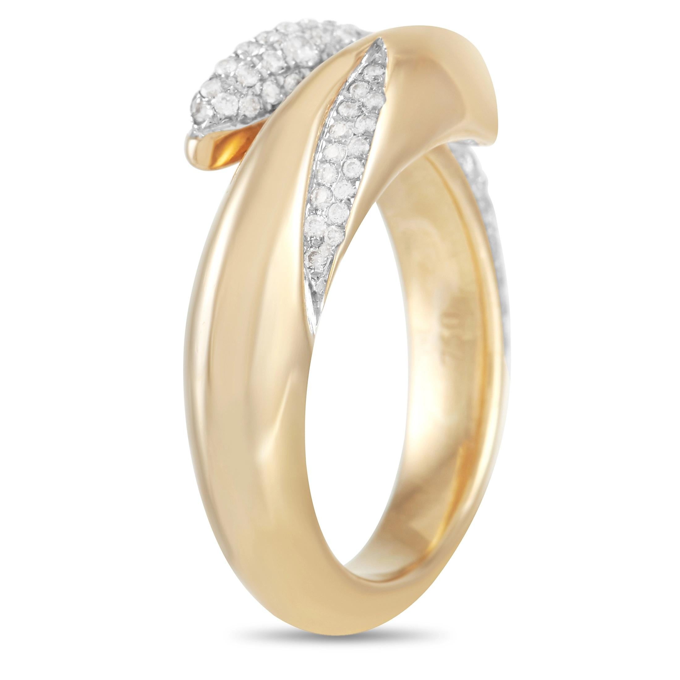 This exquisite ring from Movado is designed to elegantly wrap your finger. Crafted from shimmering 18K Yellow Gold, this contemporary piece features a sleek, sophisticated sense of style. It’s effortlessly accented by an array of inset diamonds
