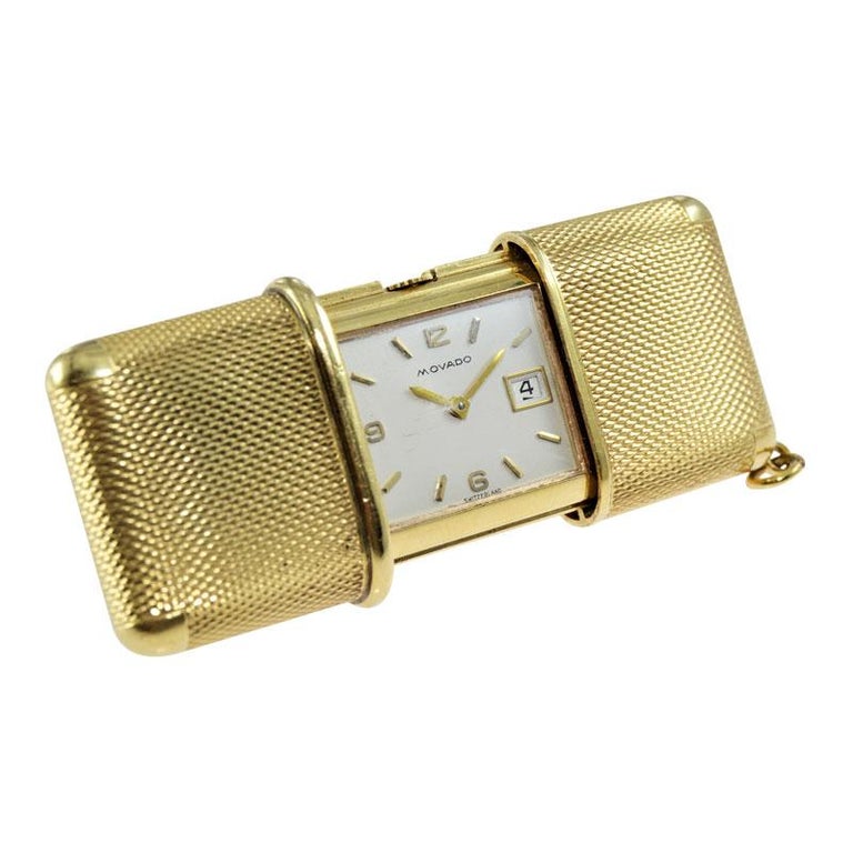 Art Deco Movado 18 Karat Solid Gold Ermeto Date Travel Pocket Watch, circa 1950s For Sale