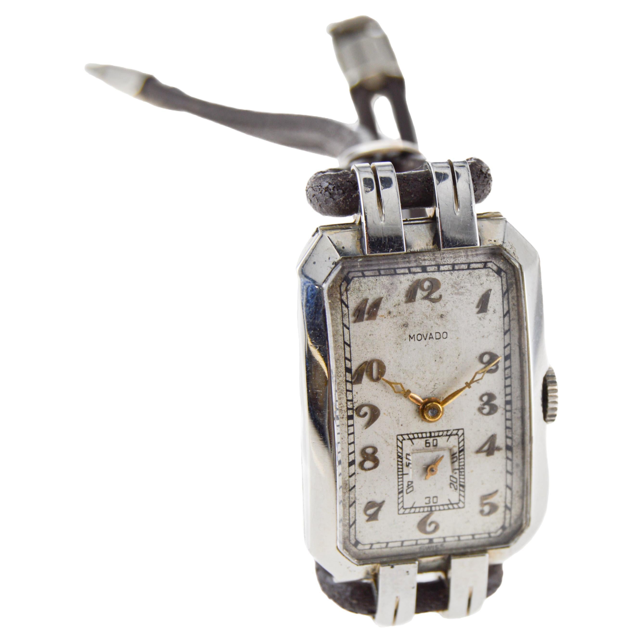 Movado 18Kt. Weißgold  Art-Deco-Uhr mit Lederband um 1930er Jahre (Art déco) im Angebot
