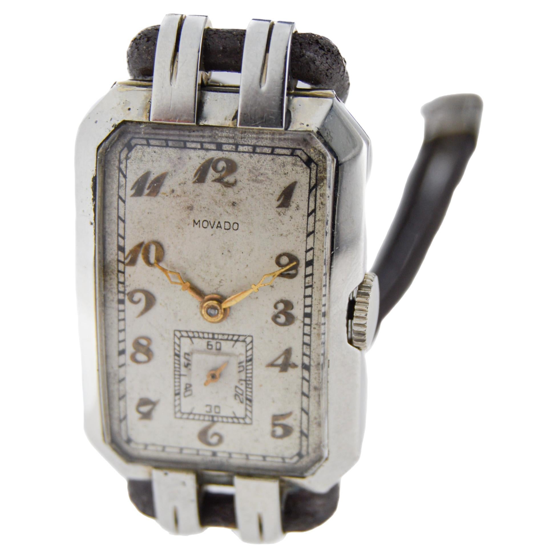 Movado 18Kt. White Gold  Art Deco Watch with Leather Cord Band circa 1930's In Excellent Condition For Sale In Long Beach, CA